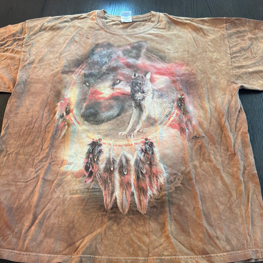 The Mountain Wolf Dreamcatcher Graphic T-Shirt Brown Tie Dye 2XL Carol Cavalaris